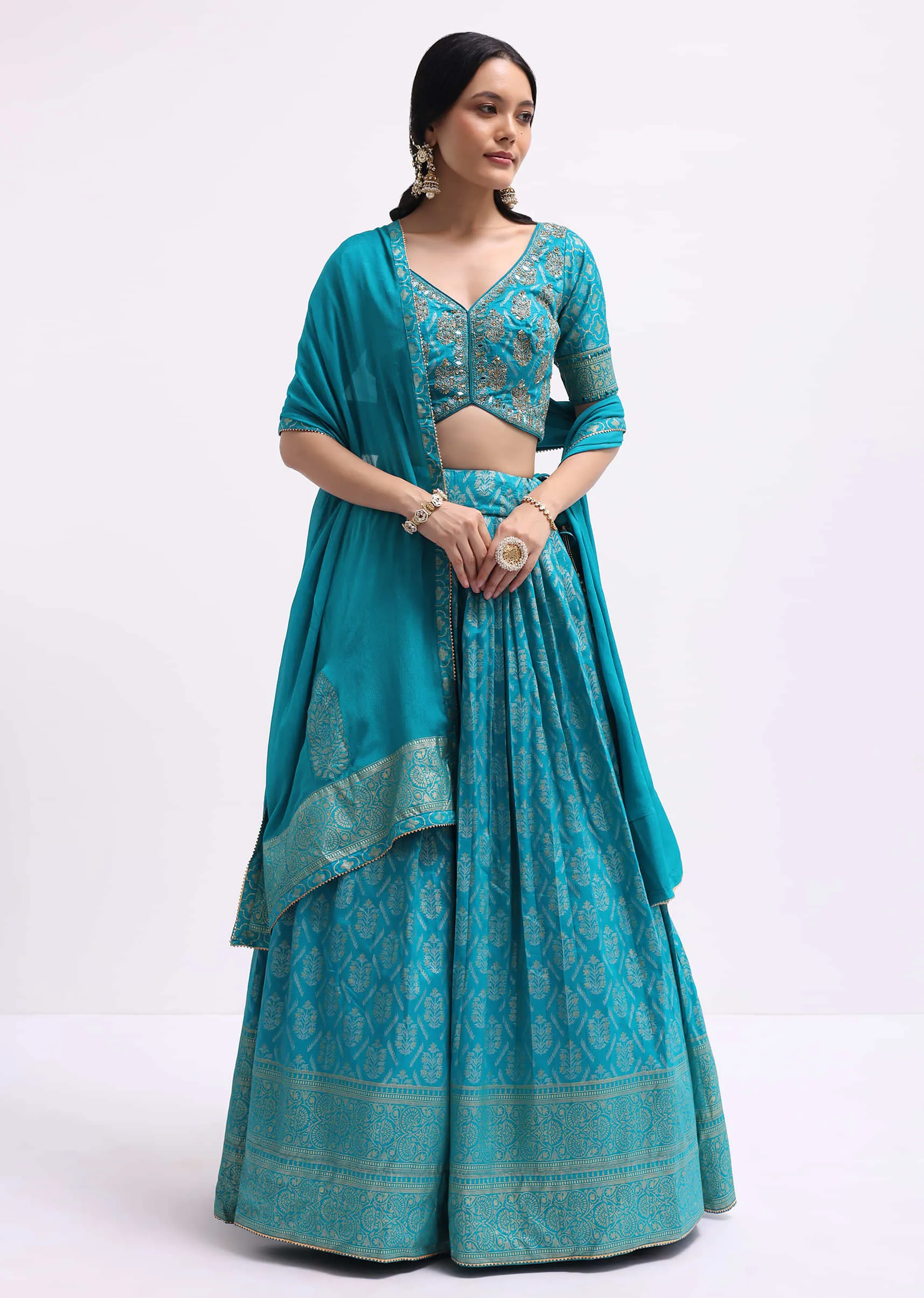Blue Embroidered Silk Lehenga Choli Set