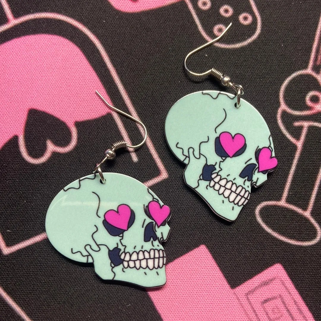 Blue Skull Heart Eyes Earrings
