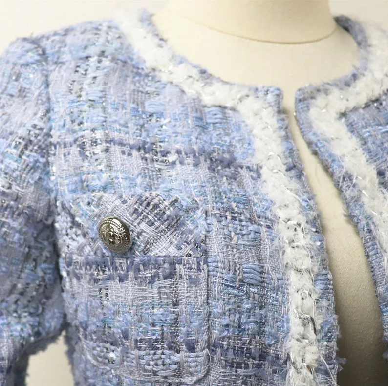 Blue Tweed Skirt Suit with Checked Pattern
