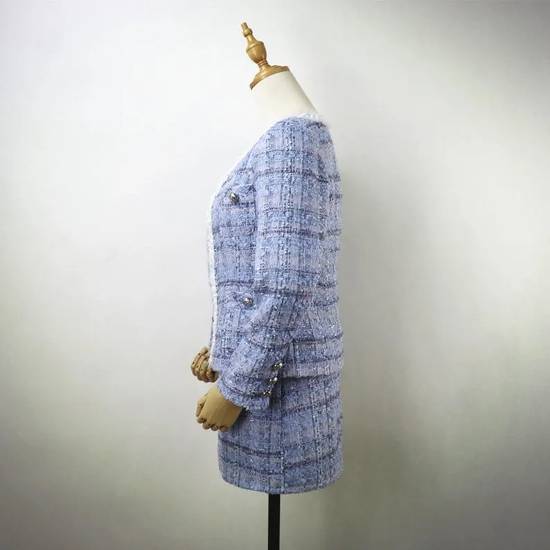 Blue Tweed Skirt Suit with Checked Pattern