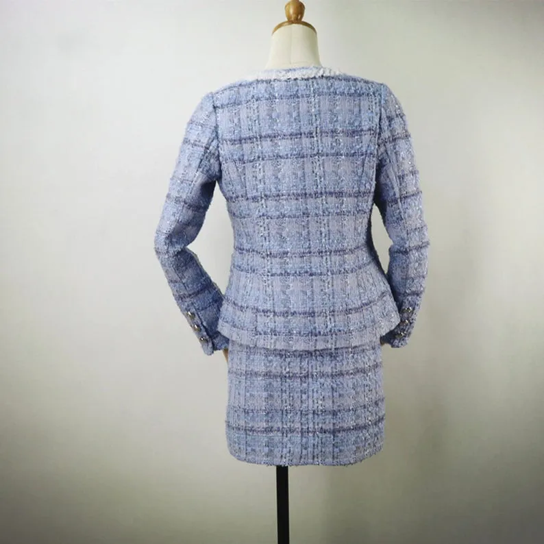 Blue Tweed Skirt Suit with Checked Pattern