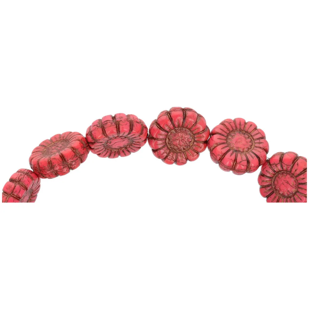 Czech Glass 13mm Coral Red  with Dark Bronze Wash Sunflower Bead Strand by Raven's Journey