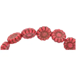 Czech Glass 13mm Coral Red  with Dark Bronze Wash Sunflower Bead Strand by Raven's Journey
