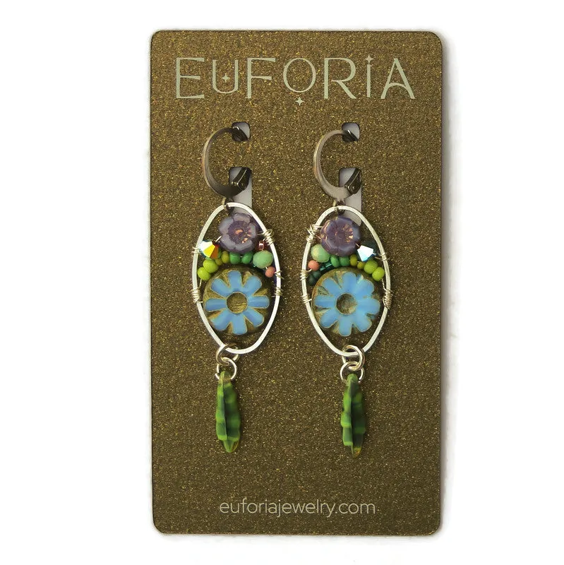 Czech Glass Flower Bouquet Earrings - Cobalt and Purple