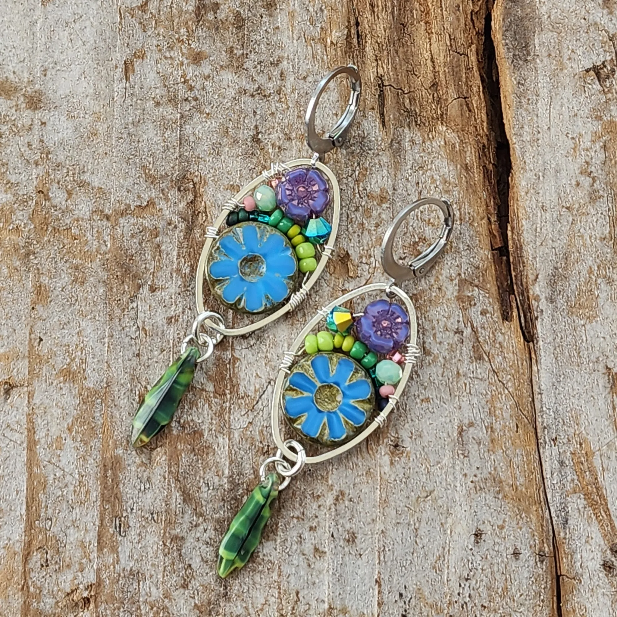 Czech Glass Flower Bouquet Earrings - Cobalt and Purple