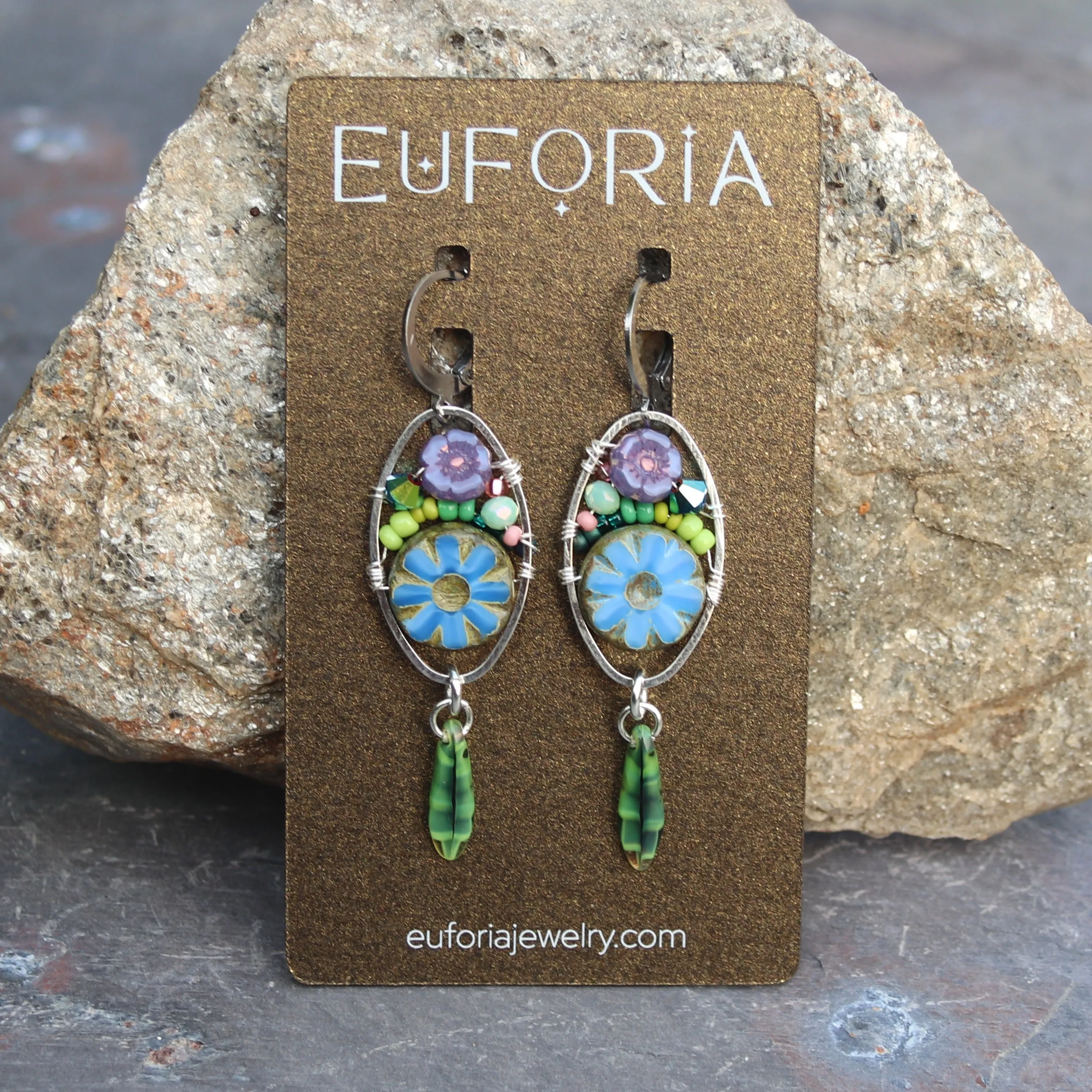 Czech Glass Flower Bouquet Earrings - Cobalt and Purple