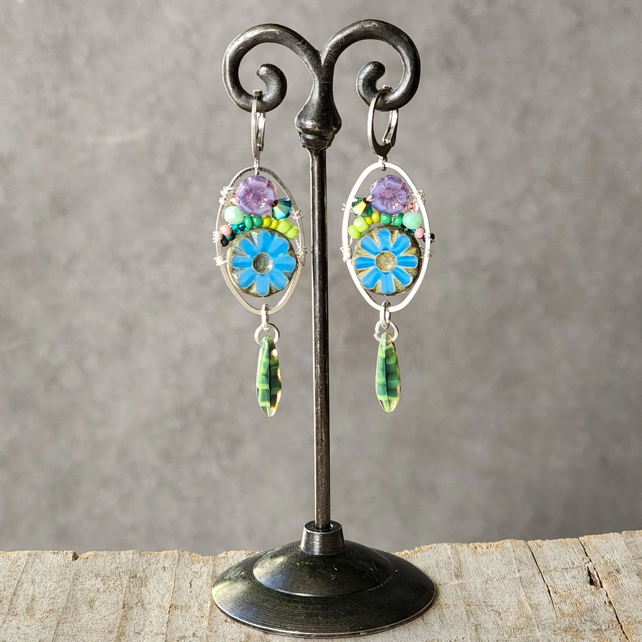 Czech Glass Flower Bouquet Earrings - Cobalt and Purple