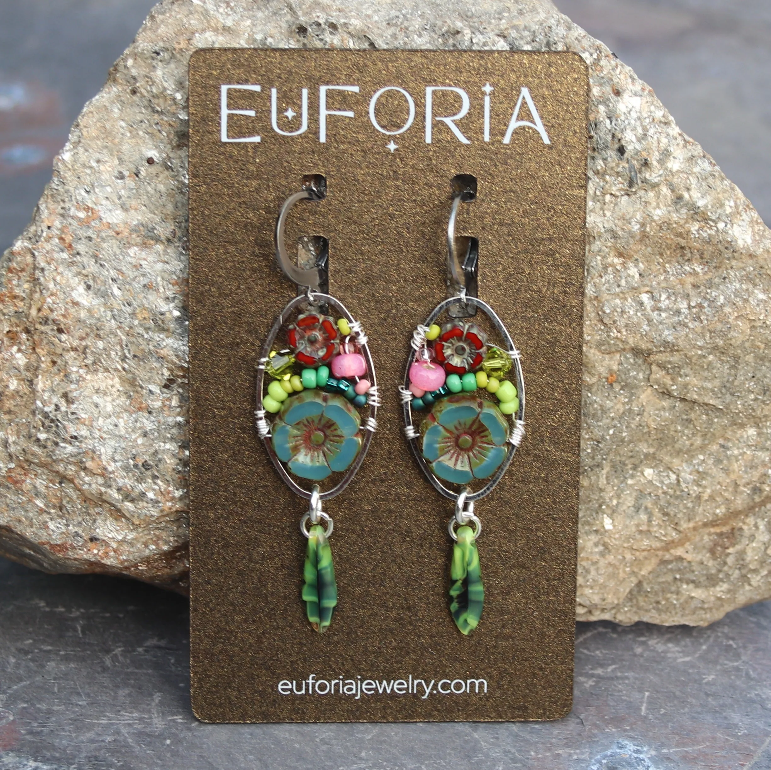 Czech Glass Flower Bouquet Earrings - Dark Teal and Dark Orange
