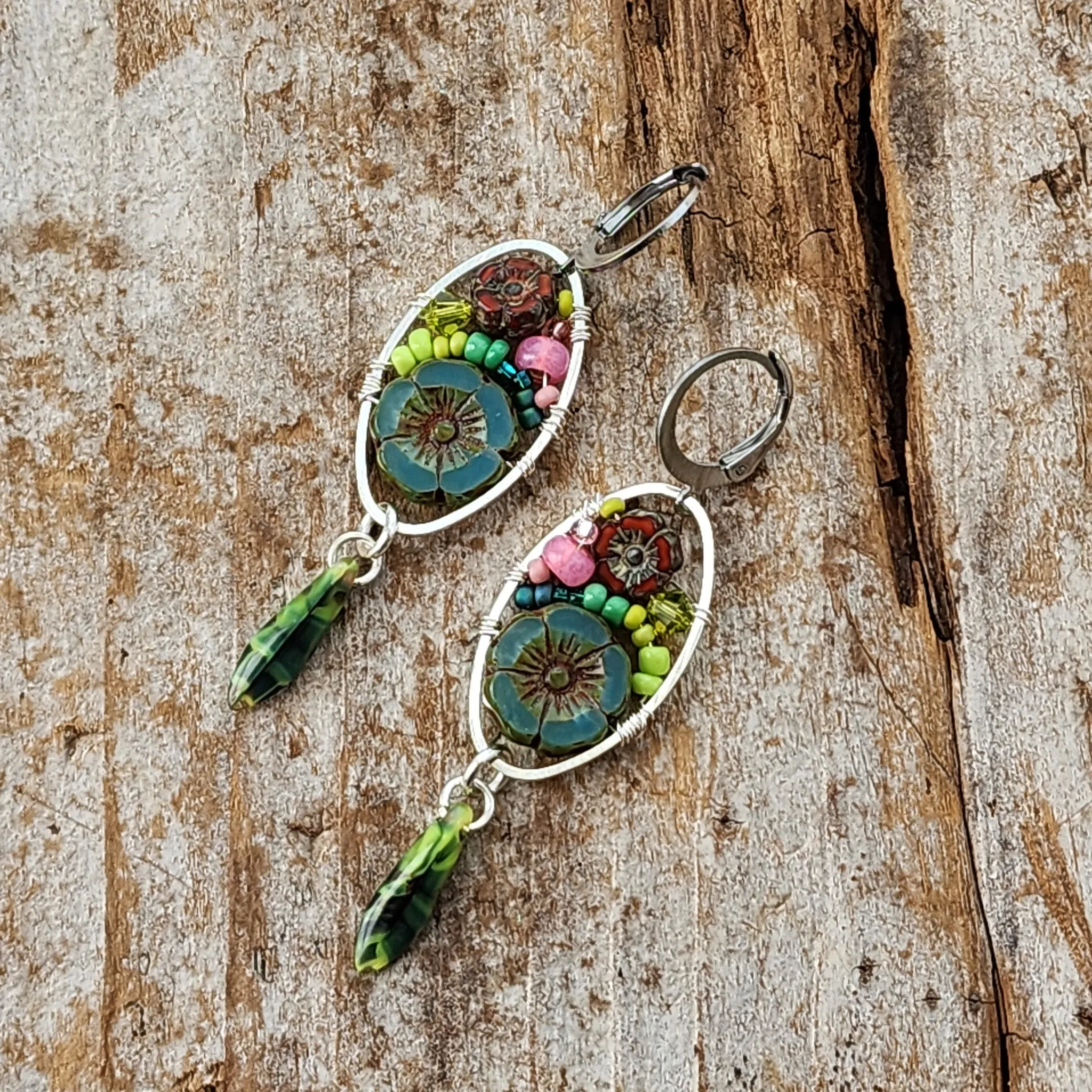 Czech Glass Flower Bouquet Earrings - Dark Teal and Dark Orange