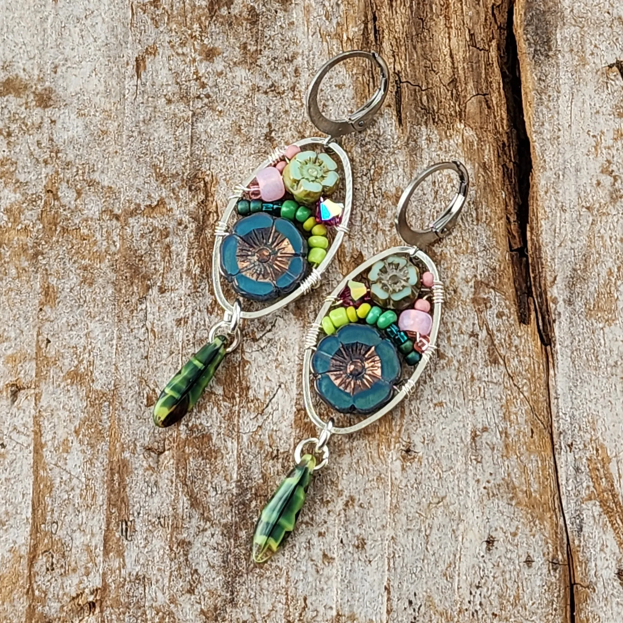Czech Glass Flower Bouquet Earrings - Dark Teal and Light Aqua