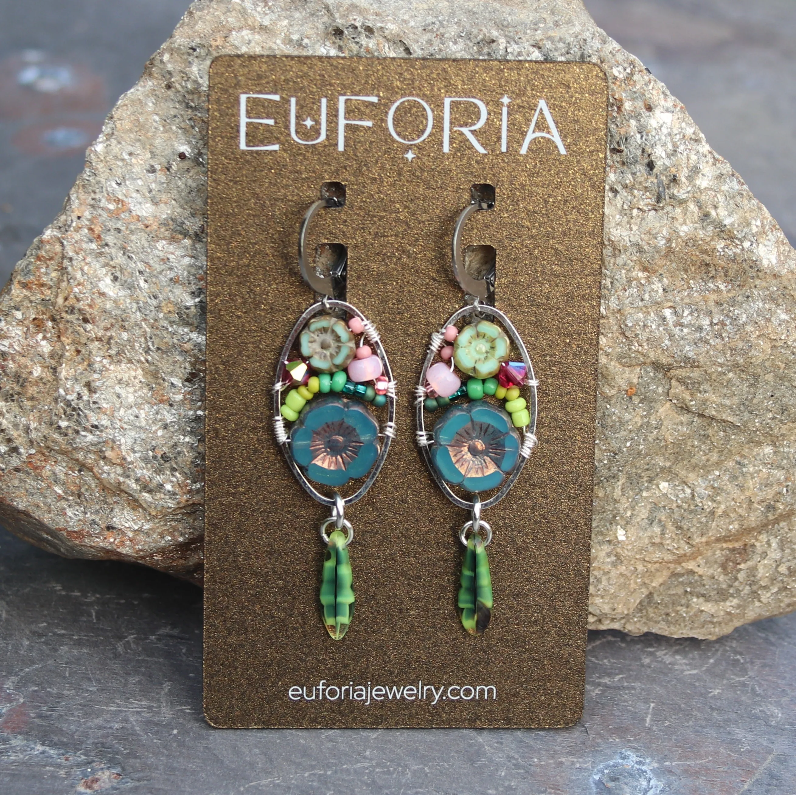 Czech Glass Flower Bouquet Earrings - Dark Teal and Light Aqua