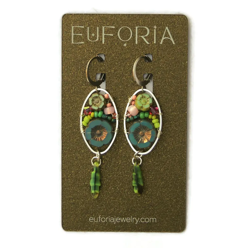 Czech Glass Flower Bouquet Earrings - Dark Teal and Light Aqua
