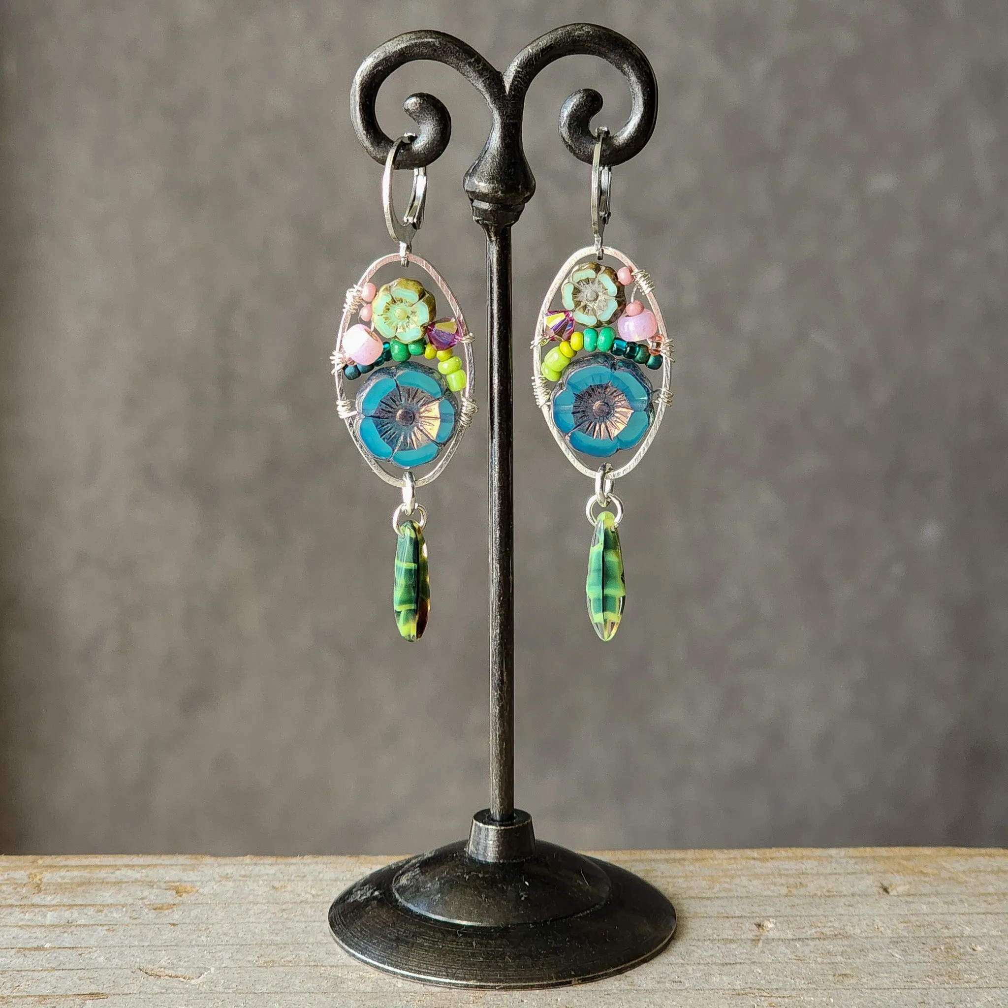Czech Glass Flower Bouquet Earrings - Dark Teal and Light Aqua
