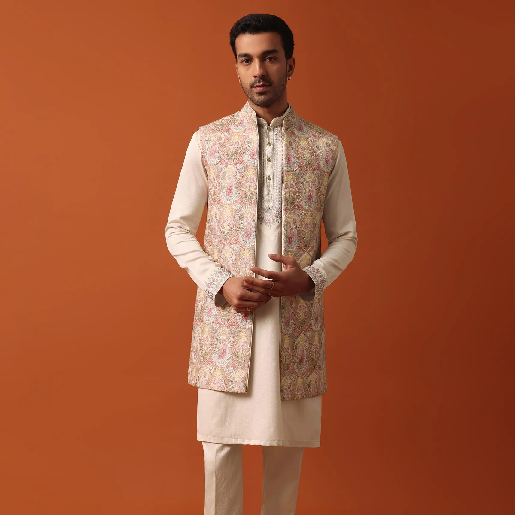 Elegant Beige Exquisite Embroidered Jacket Kurta Set