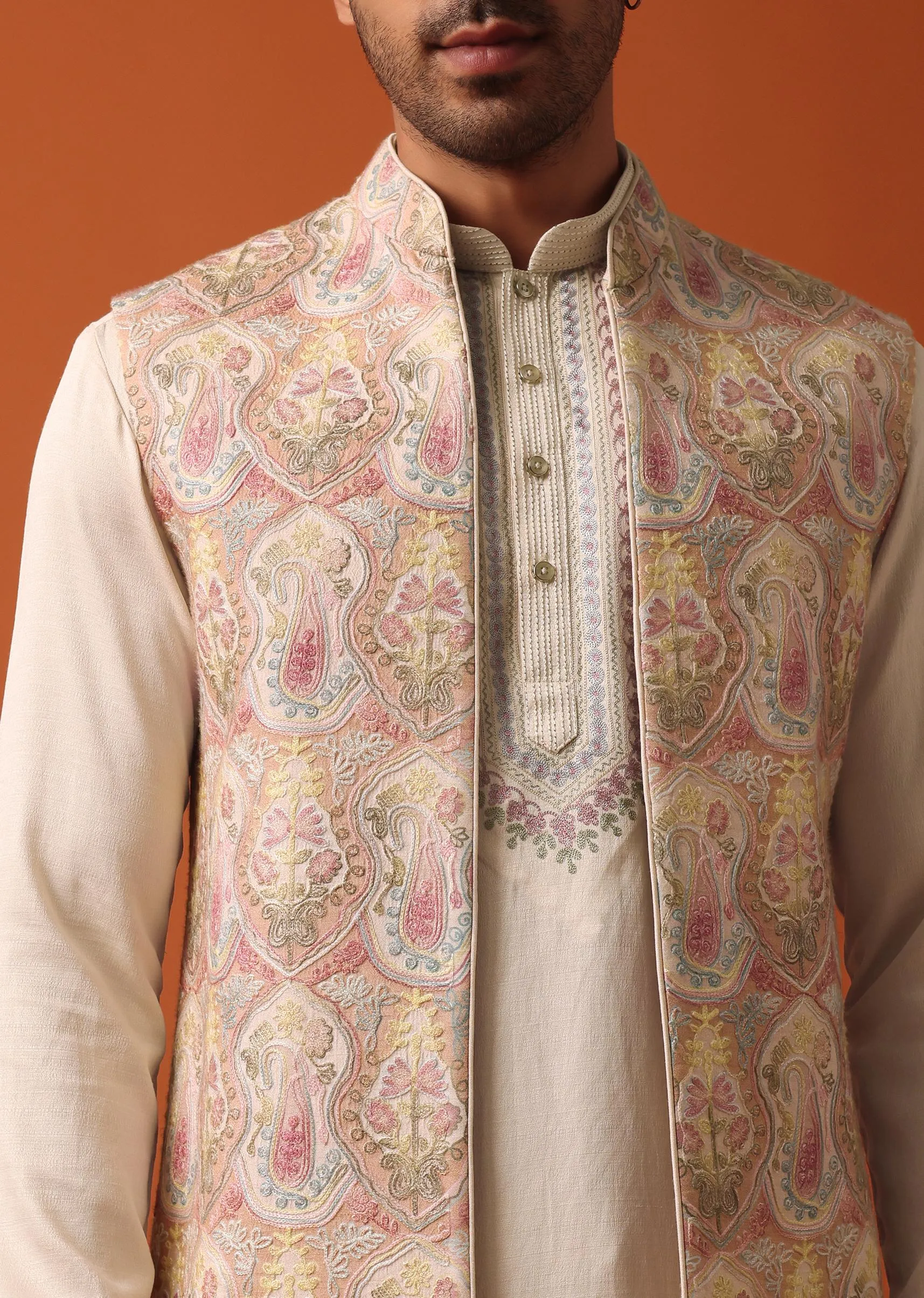 Elegant Beige Exquisite Embroidered Jacket Kurta Set