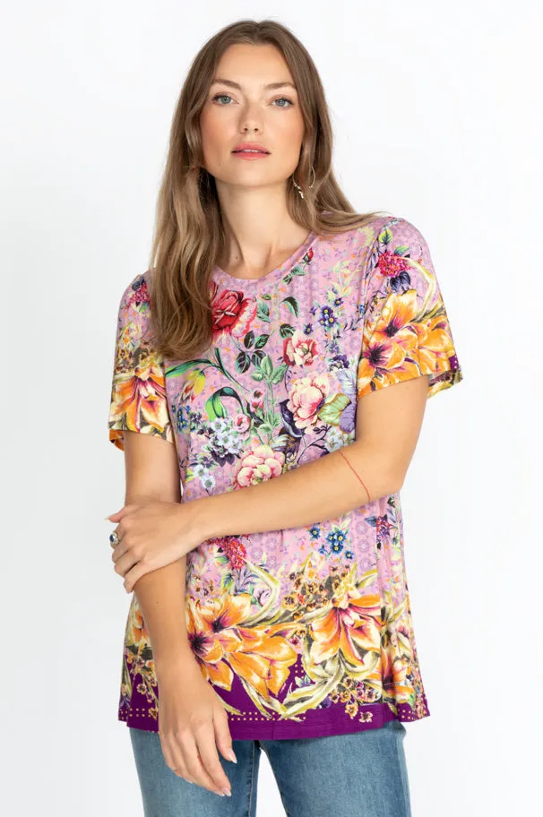 Johnny Was Topiary Puff Sleeve Floral Pink Violet Shirt Top Flower Knit Tee New