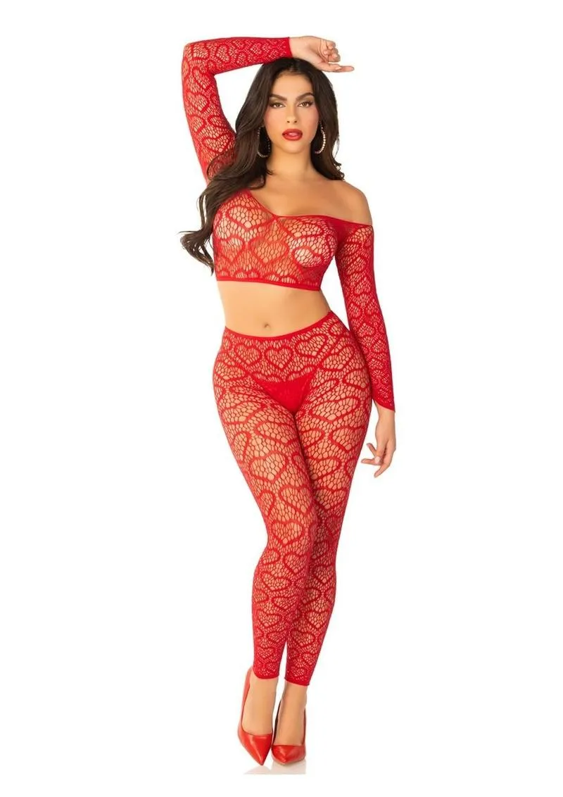 Leg Avenue Heart Net Off The Shoulder Crop Top and Footless Tights