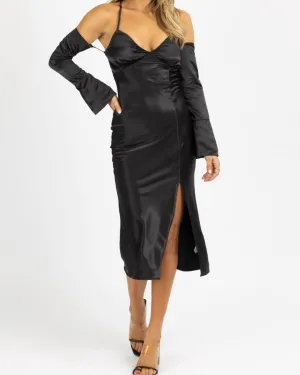 Satin Maxi Dress W/ Long Cuff-Sleeve In Black | Black