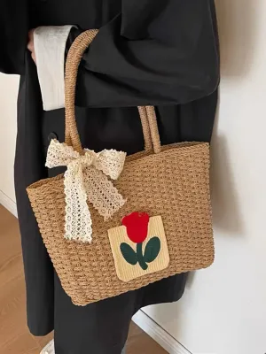 UAKISS  -  Grass Woven Bag Female Large Capacity Shoulder Package 2024 Holiday Beach Grass Bag Woven Vegetable Basket Tote Bucket Bag