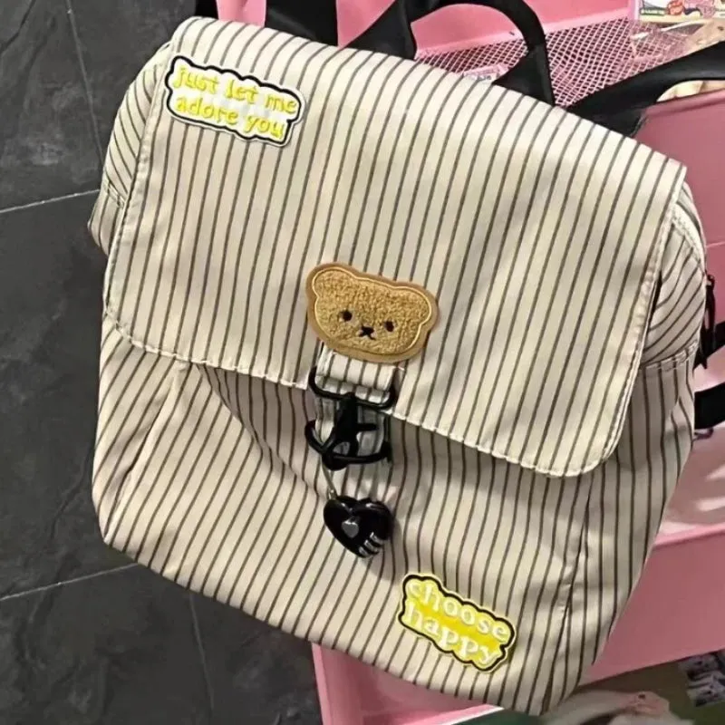 UAKISS  -  Vintage All Match Stripe Korean Backpack Fashion Y2k Aesthetic Cartoon Cute Bear Bags for Women Casual Fashion Preppy Schoolbags