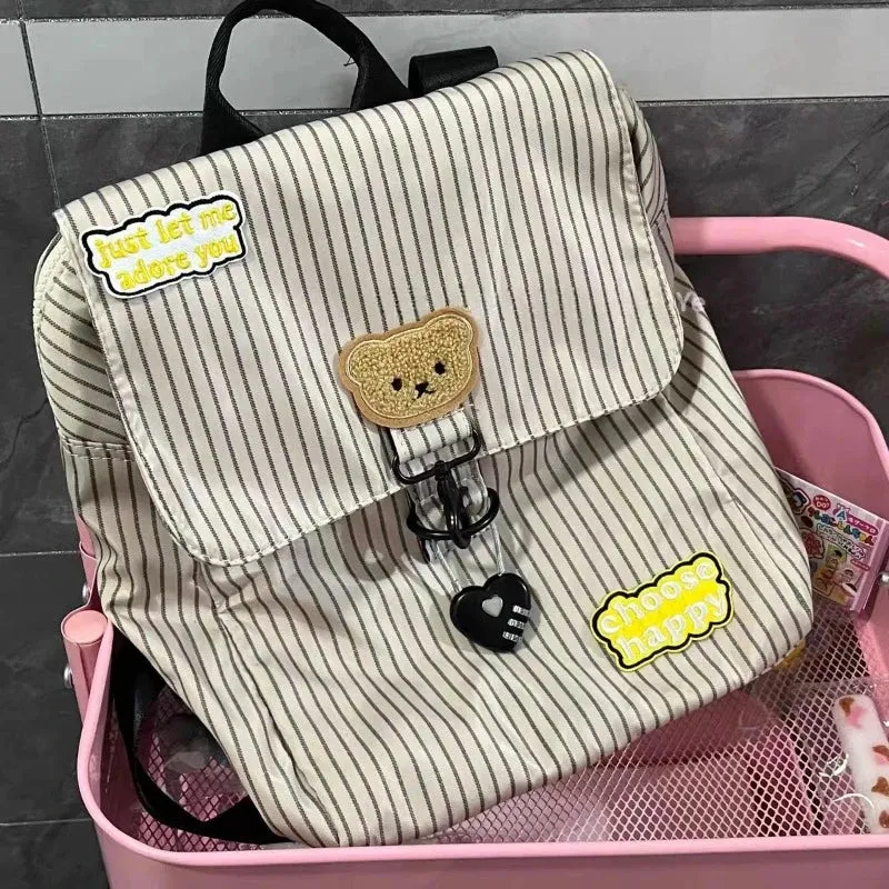 UAKISS  -  Vintage All Match Stripe Korean Backpack Fashion Y2k Aesthetic Cartoon Cute Bear Bags for Women Casual Fashion Preppy Schoolbags