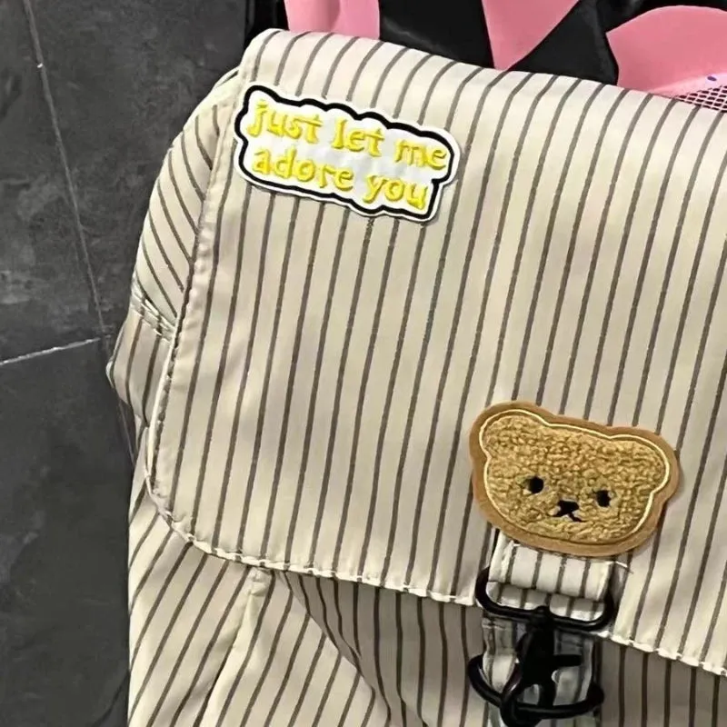 UAKISS  -  Vintage All Match Stripe Korean Backpack Fashion Y2k Aesthetic Cartoon Cute Bear Bags for Women Casual Fashion Preppy Schoolbags