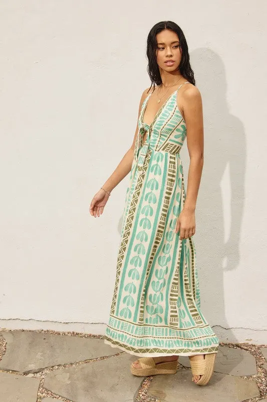 Waitlist 2/5 ♥ Kili Sleeveless Back Tie Abstract Print Maxi Dress Green