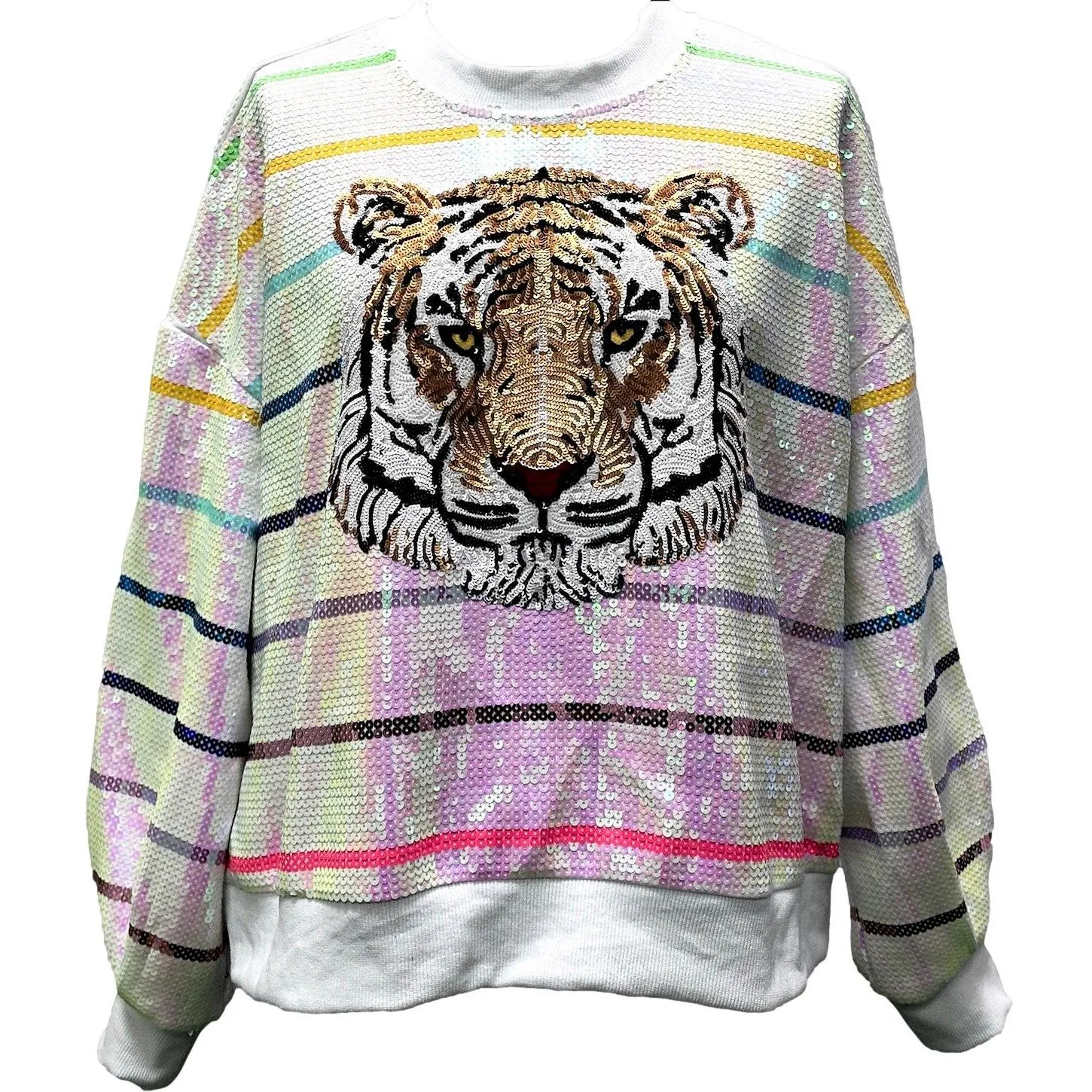 White & Rainbow Full Sequin Tiger Sweatshirt- Women's