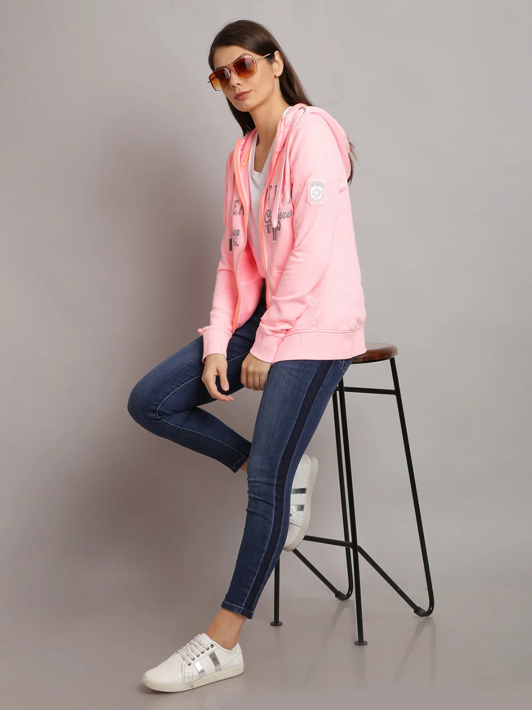 Women Pink Embroidered Zip Hooded Sweatshirt